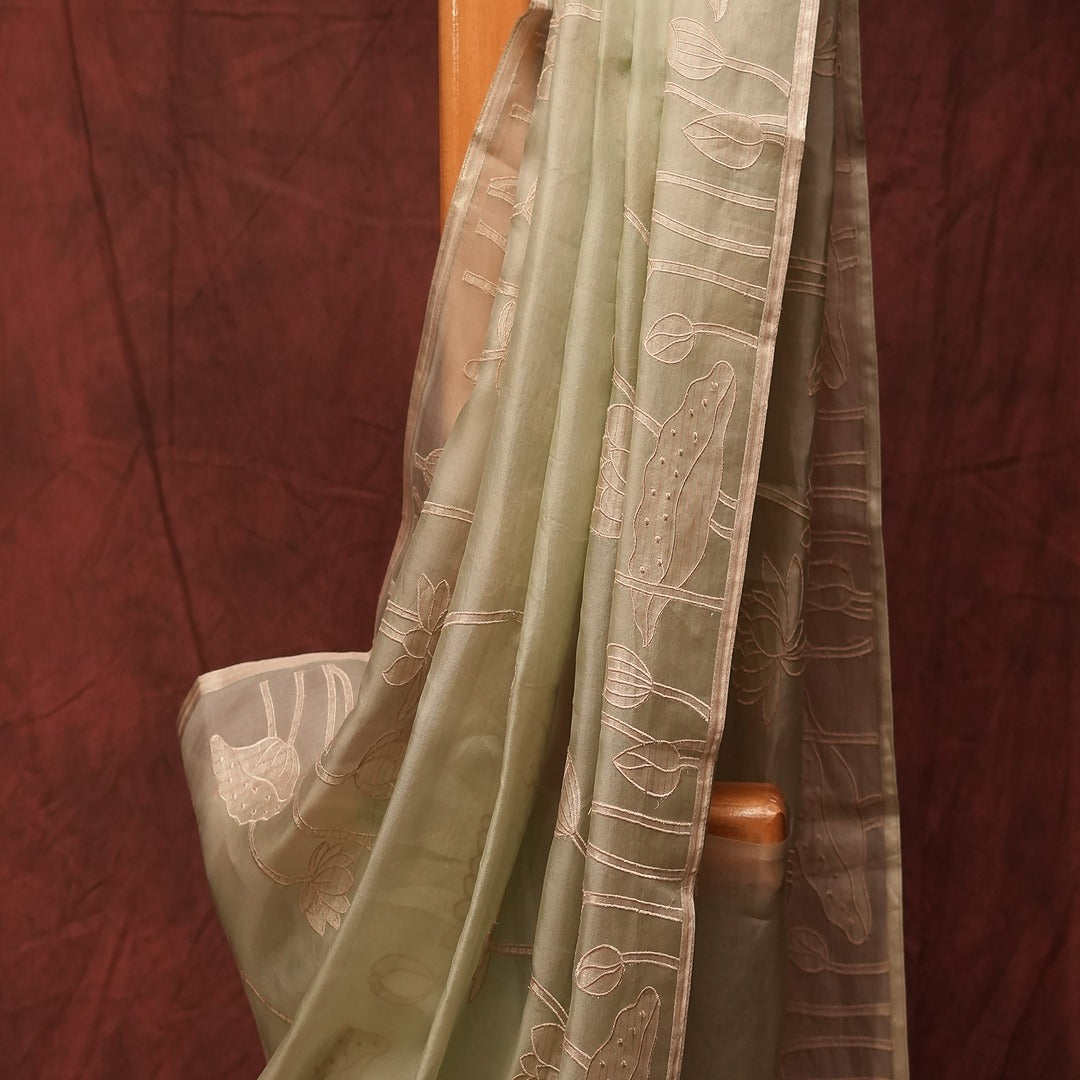 Pure Silk Organza Saree with Striped Tissue Applique