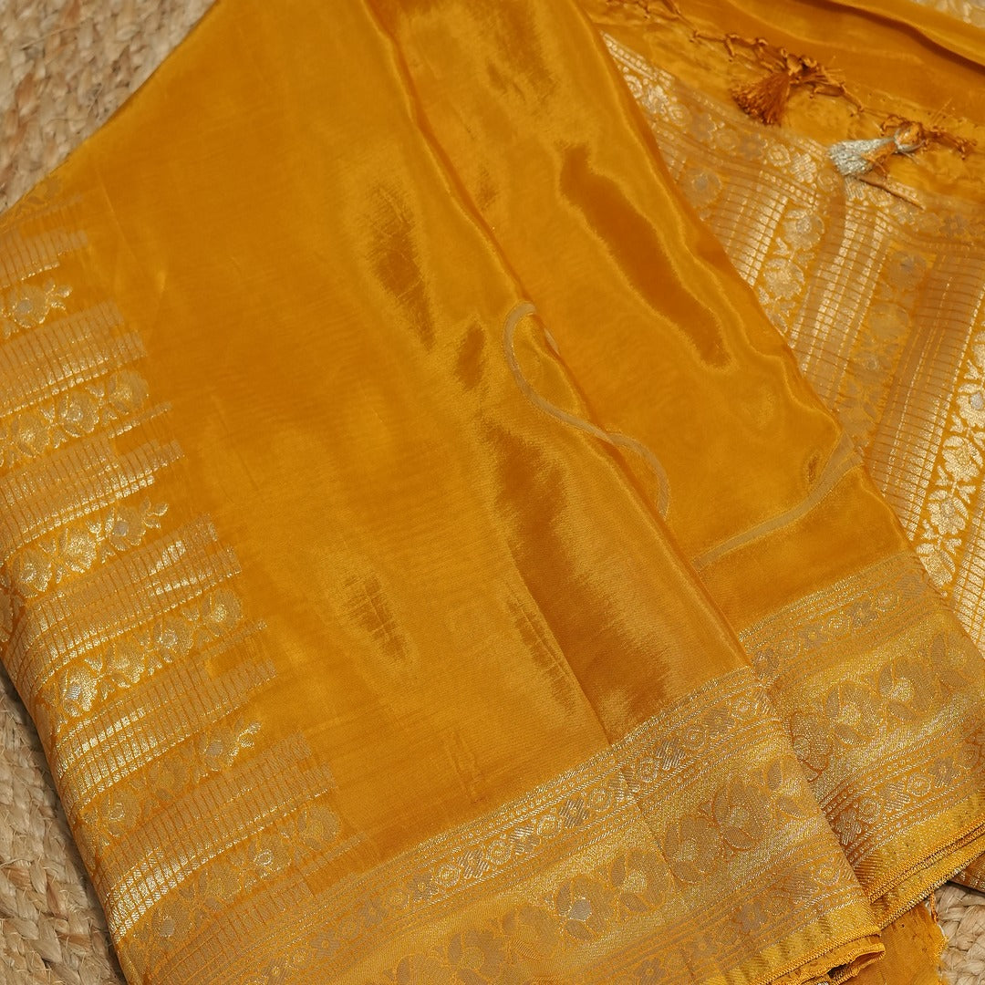 Yellow Pure Crepe Silk Saree