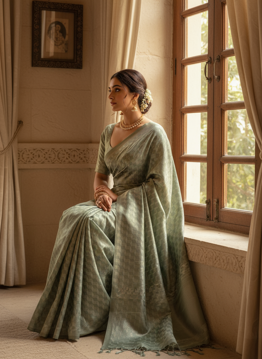 Woman in a light green saree sitting by a window in a room with beige walls and curtains.